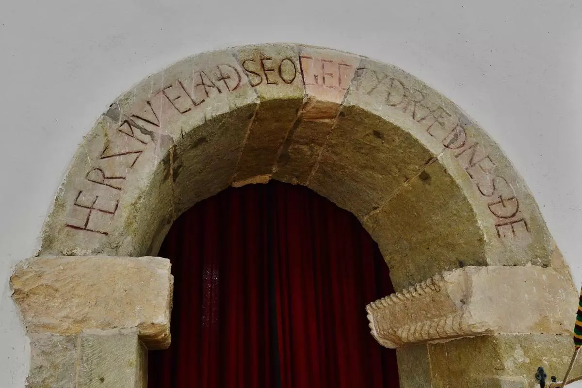 Old English inscription on the porch of an Anglo-Saxon church